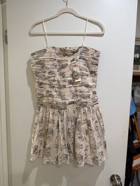 Women's Beige Printed Strapless Dress with Optional Spaghetti Straps